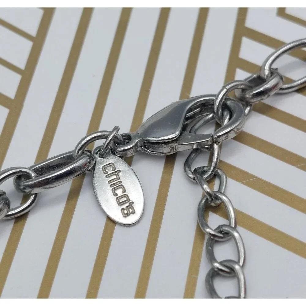 Chico's Silver Tone Long Chain Necklace with Blue Faux Stone Stations 42